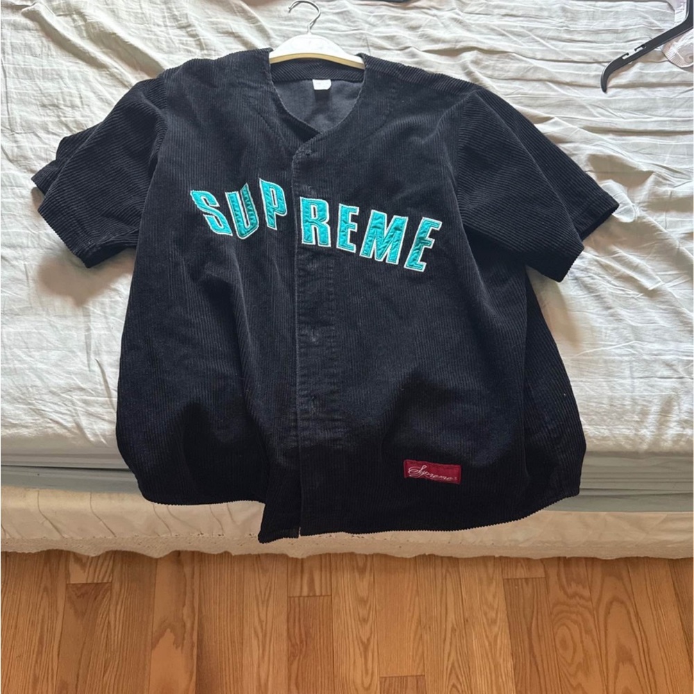 Supreme Black Corduroy Shirt with Teal Logo